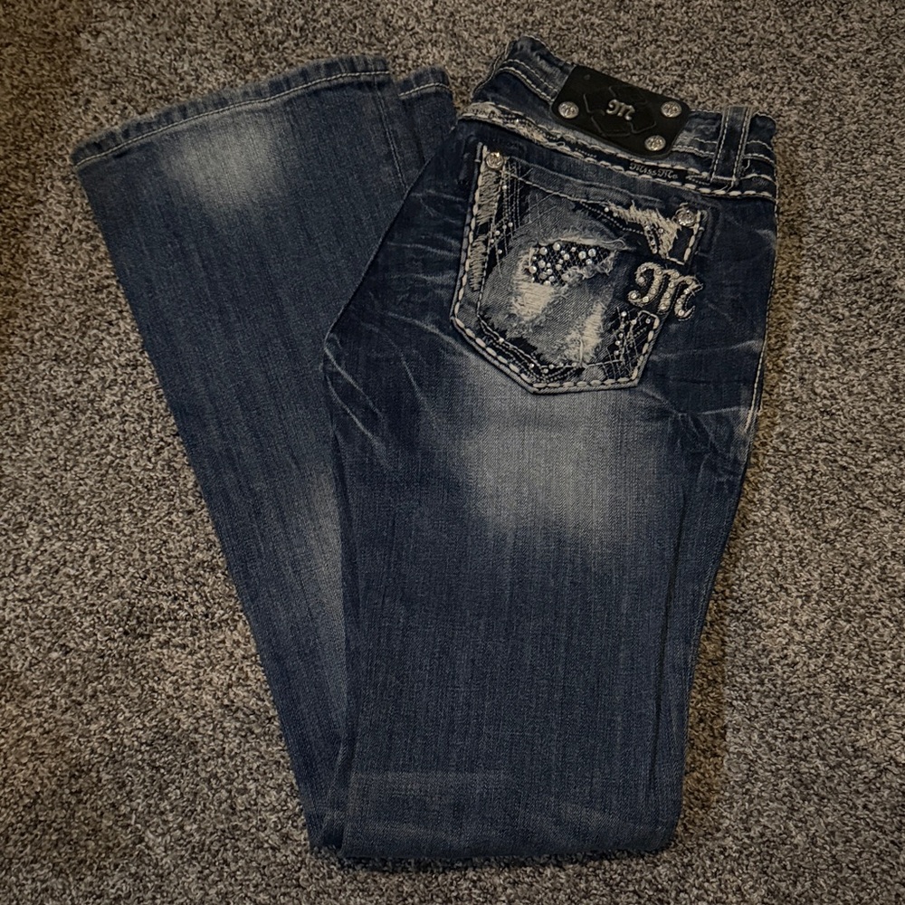 Miss Me Dark Blue Bootcut Jeans with Embellished Back Pocket